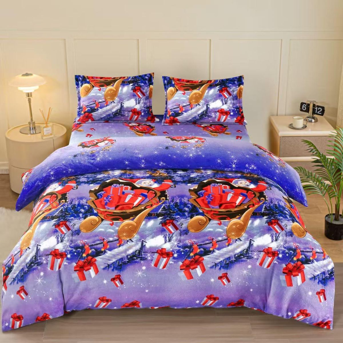 Lenjerii Craciun En-Gros, Mov, 4 Piese, Material Cocolino Premium, Cearceaf de Pat cu Elastic 180x200cm,