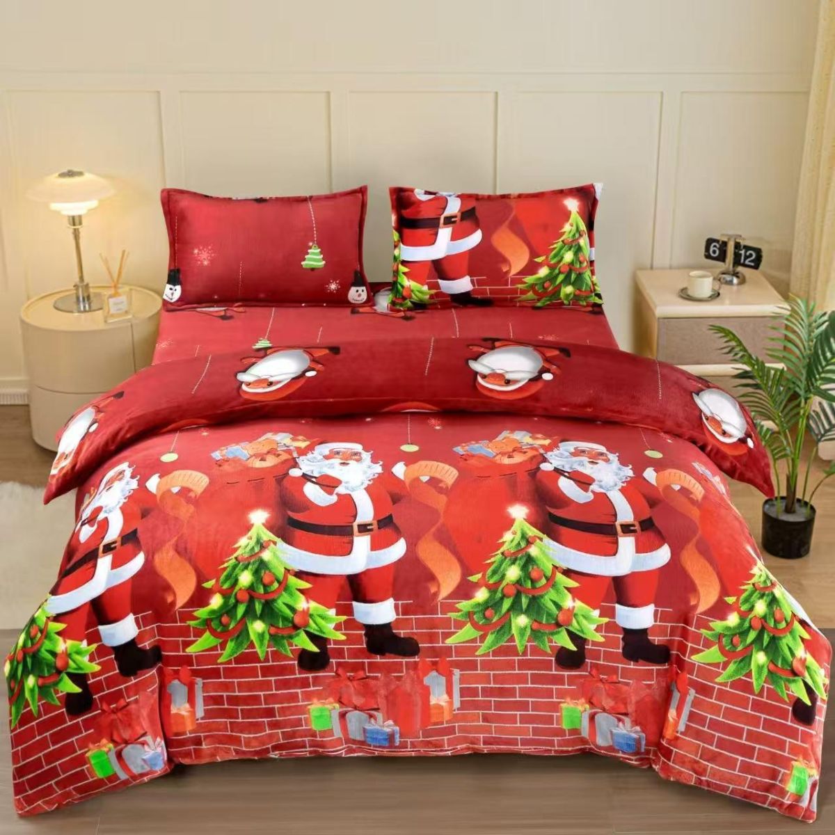 Lenjerii Craciun En-Gros, Rosu, 4 Piese, Material Cocolino Premium, Cearceaf de Pat cu Elastic 180x200cm,