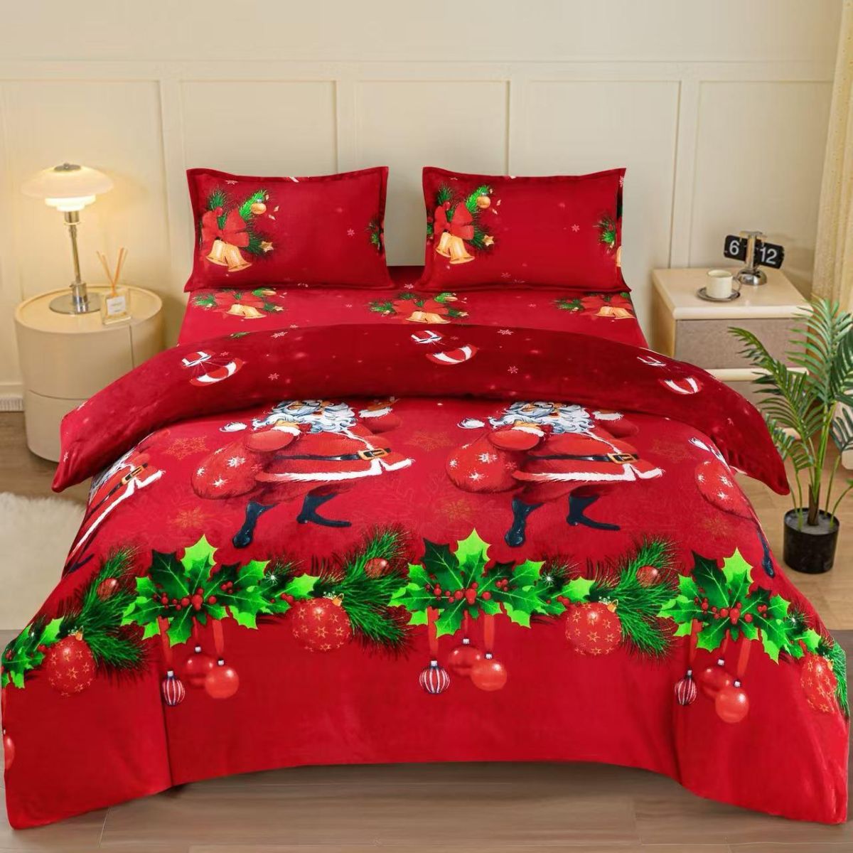 Lenjerii Craciun En-Gros, Rosu, 4 Piese, Material Cocolino Premium, Cearceaf de Pat cu Elastic 180x200cm,