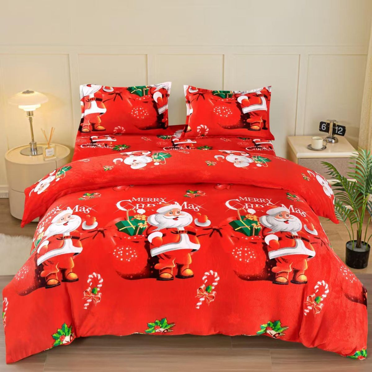 Lenjerii Craciun En-Gros, Rosu, 4 Piese, Material Cocolino Premium, Cearceaf de Pat cu Elastic 180x200cm,