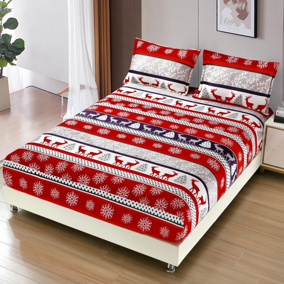 Trio Huse Craciun En-Gros, SERIE 3 MODELE, Material Cocolino Premium, Set 3 Piese, pentru Pat Dublu, 180x200cm, cu 2 Fete de Perna
