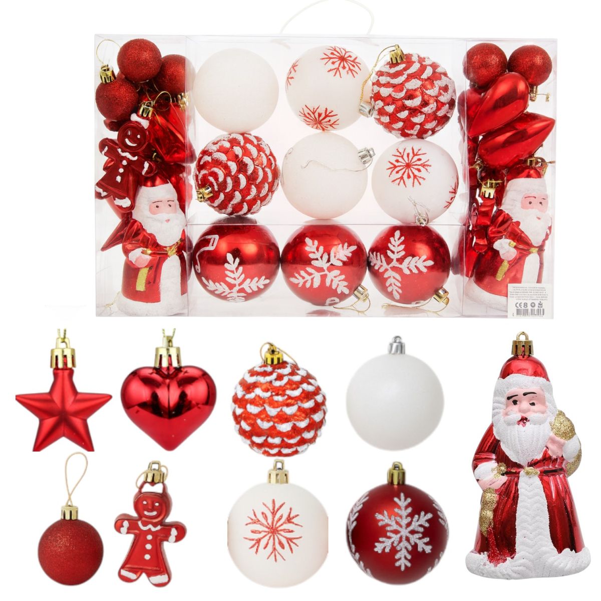 Globuri 30/set de Crăciun 8cm si 2 Figurine Moș Crăciun 13 cm, din Plastic, Diferite Modele Engros