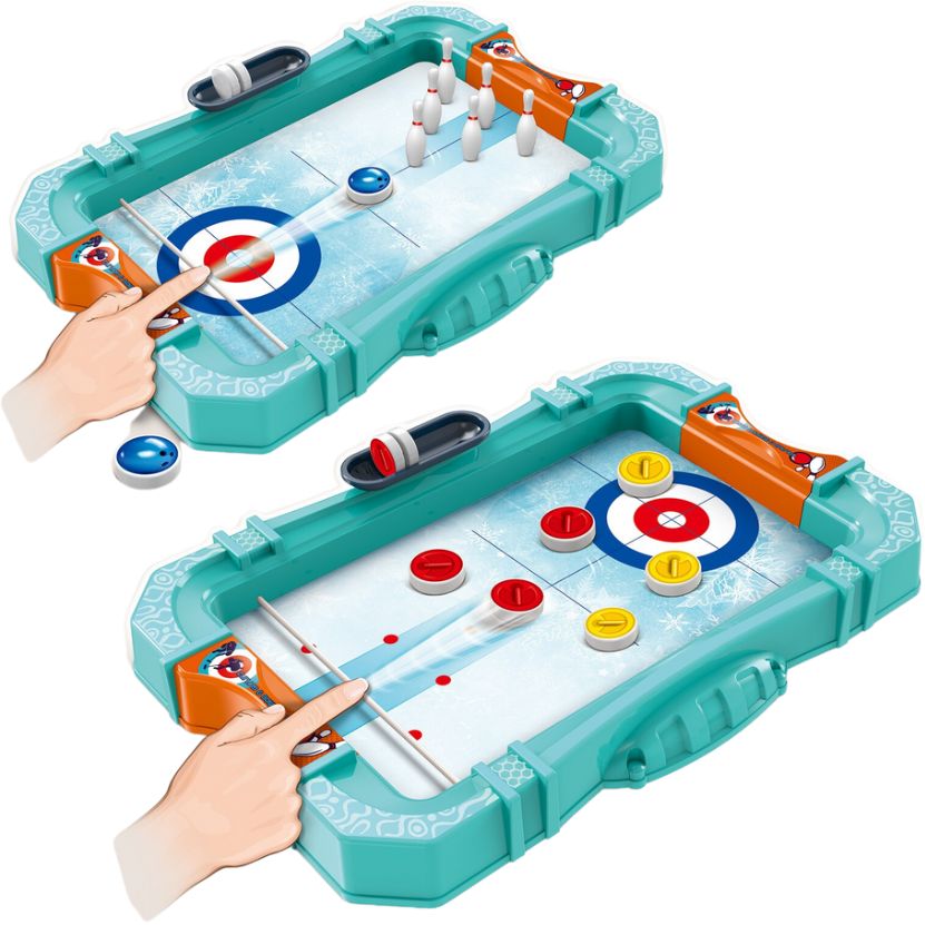 Set 2 în 1 Jocuri de Îndemânare – Mini Bowling & Curling Portabil, cu Autocolante și Suporturi Antiderapante En-Gros