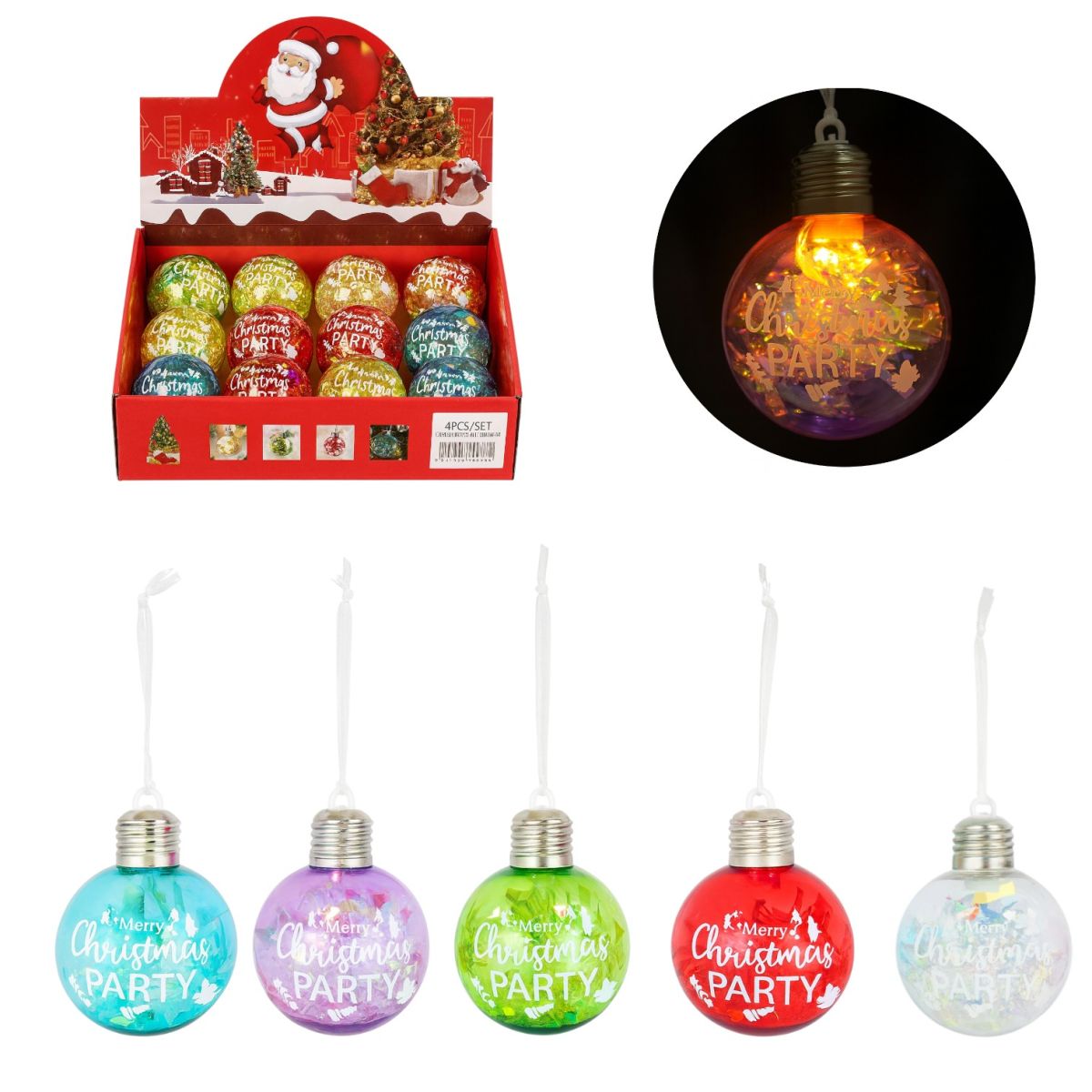 Globuri de Crăciun 12/set, cu Lumină LED 9cm și Beteală în Interior, Diferite Culori Engros