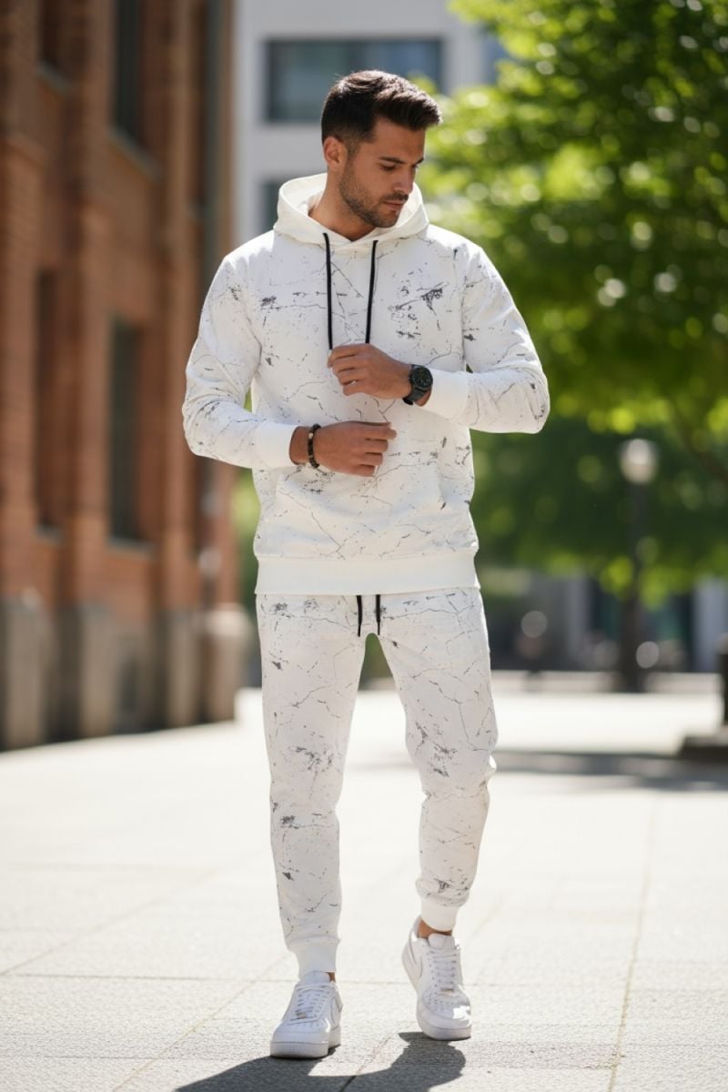 Trening barbati slim fit alb , Pantaloni + Hanorac, 13420