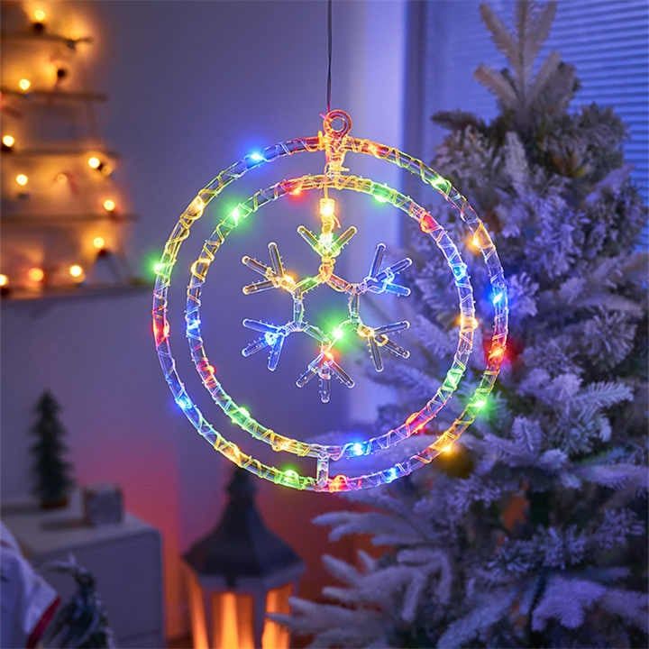 Instalatie 3D rotundă figurina fulg, lumina LED-uri albe, dimensiune 34 cm, buton reglare moduri iluminat,