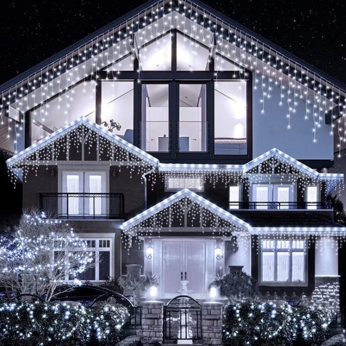 Instalatie perdea ploaie 3m lungime x 1m înălțime, 120 LED-uri, alb, interconectabila, fir alb, LED colorat,