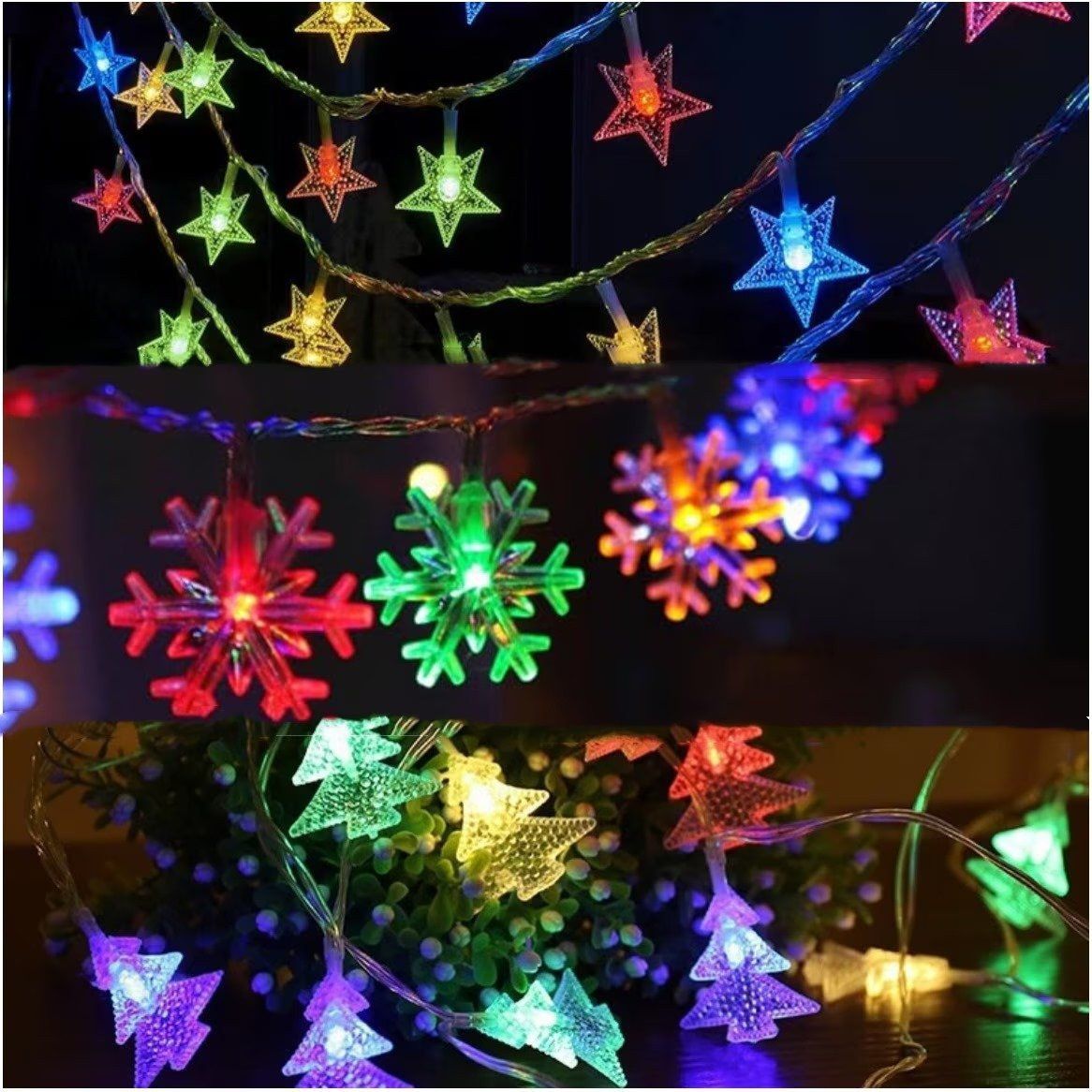 Instalatie tip sir, 20 LED-uri, Diverse forme (steluțe, flori, romburi), 4 metri, Multicolore, cu baterii 2x AA,