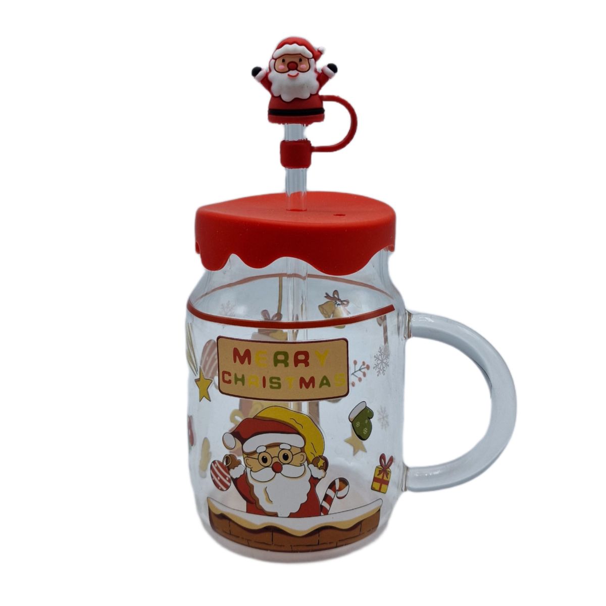 Cana din sticla de Crăciun 250ml cu pai si capac , ENGROS