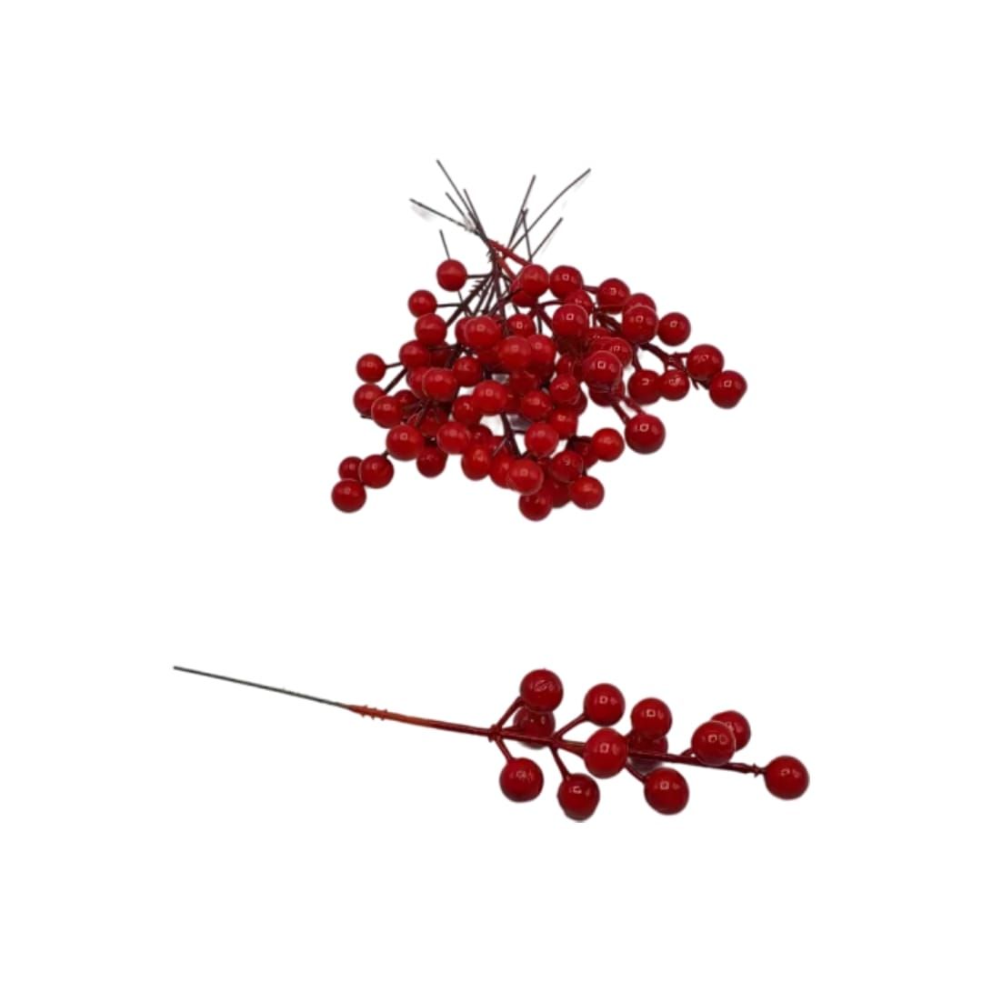 Crengi cu bobite rosii si frunze 19 cm ,ENGROS