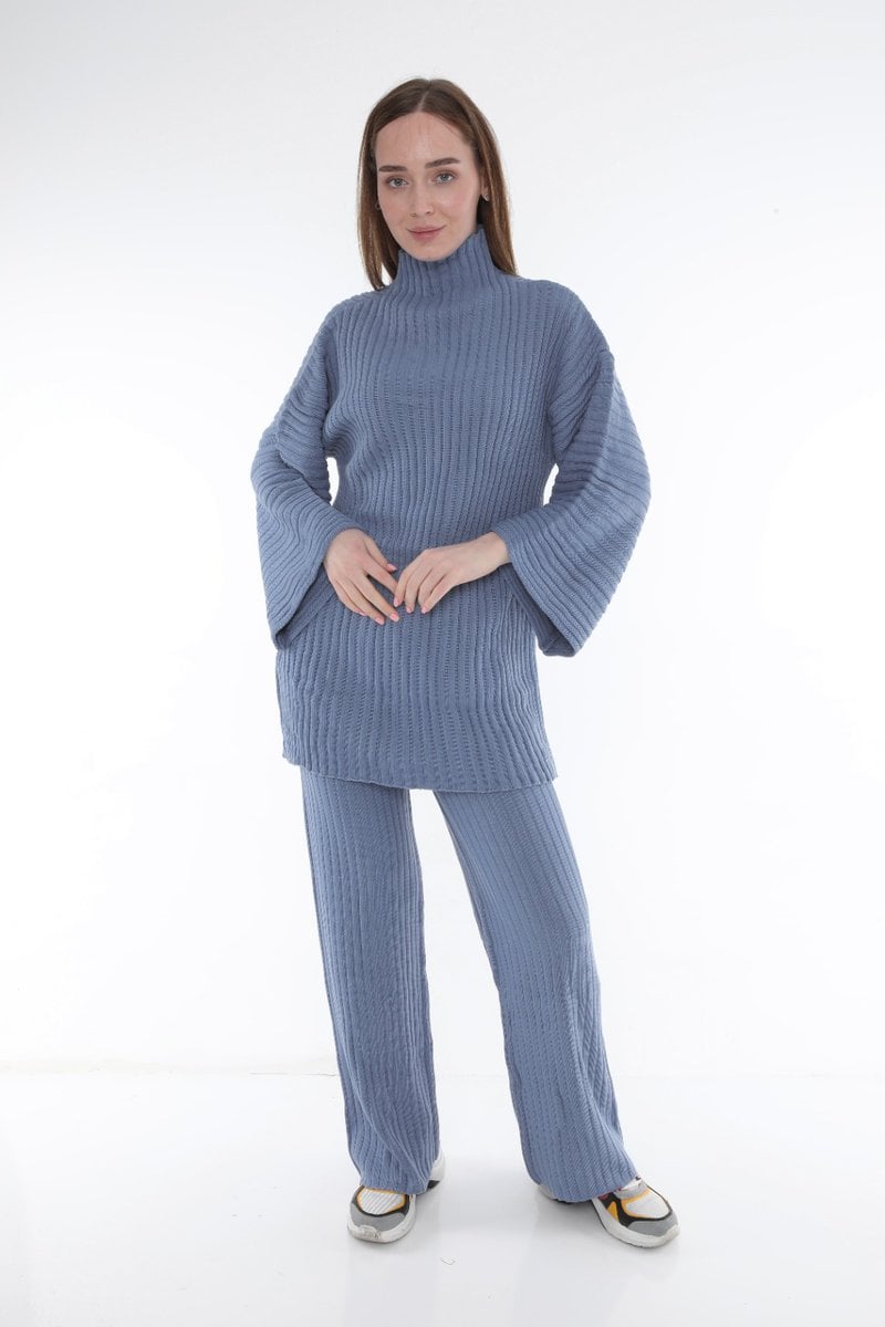 Compleu evazat din tricot uni Albastru