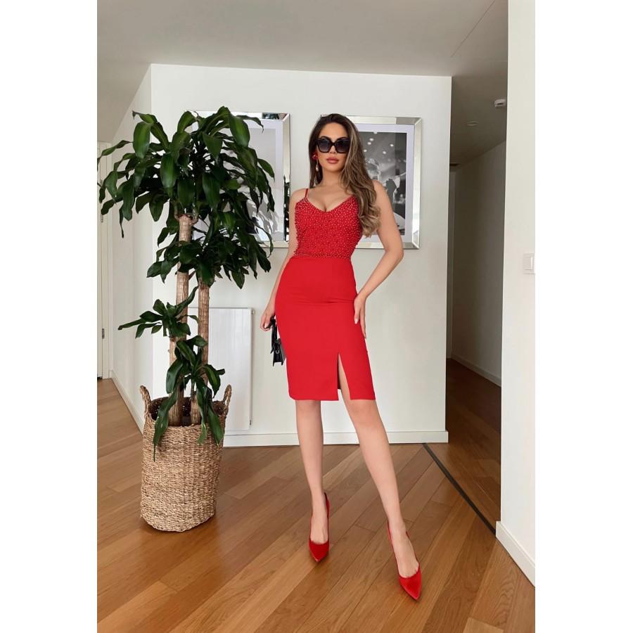 Rochie midi eleganta cu crapatura, si bretele subtiri