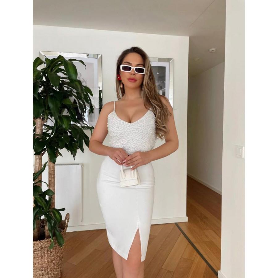 Rochie midi eleganta cu crapatura, si bretele subtiri
