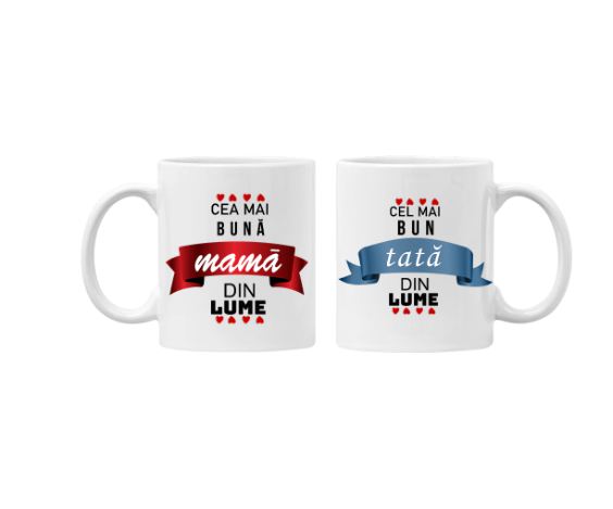 Set 2 cani ceramica, 330 ml, personalizate pentru Cea mai buna mama din lume, si pentru cel mai bun tata din lume