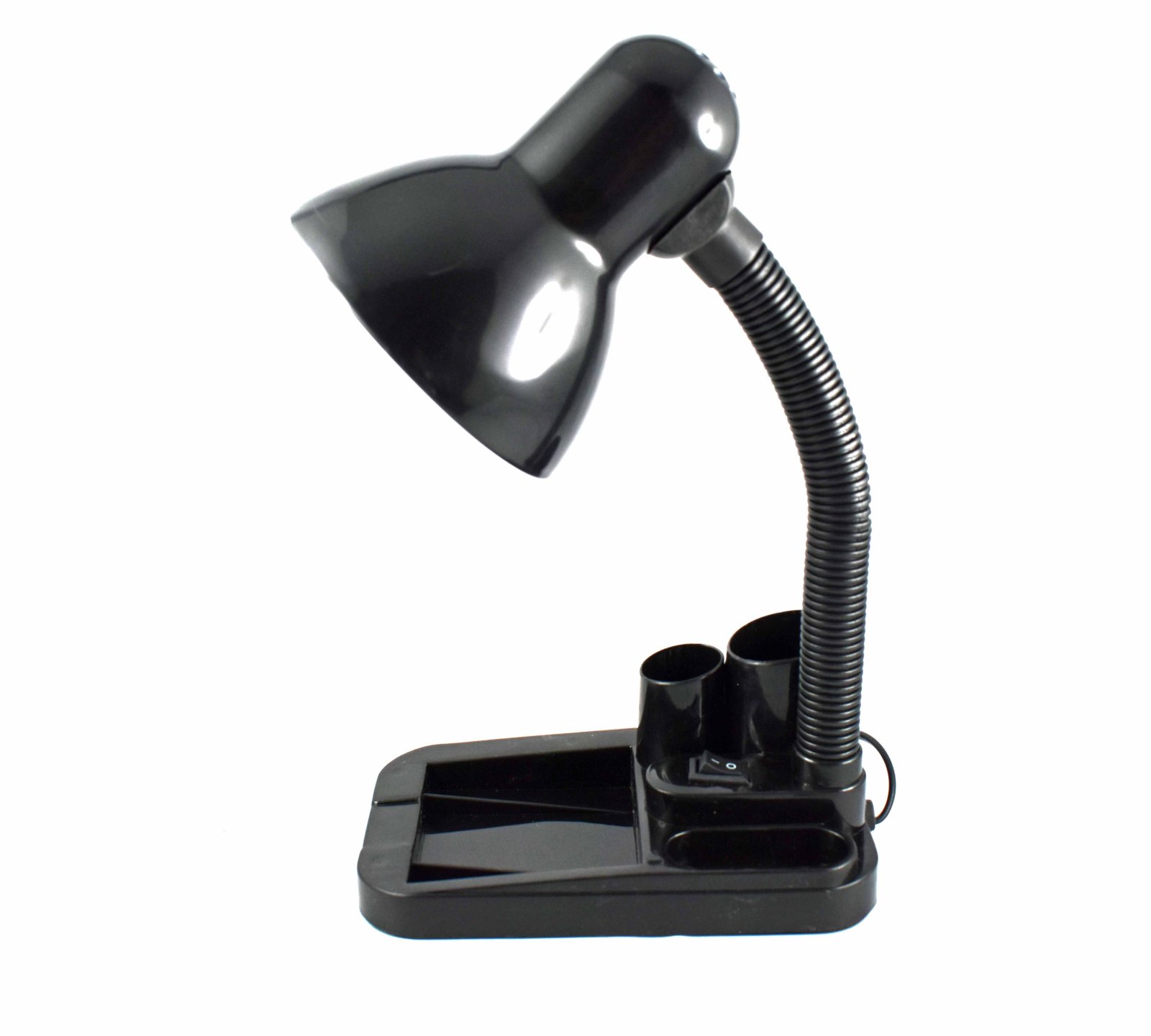Lampa de birou neagra cu suport accesorii de birou , pentru becuri E27 Led si economice , cu brat reglabil