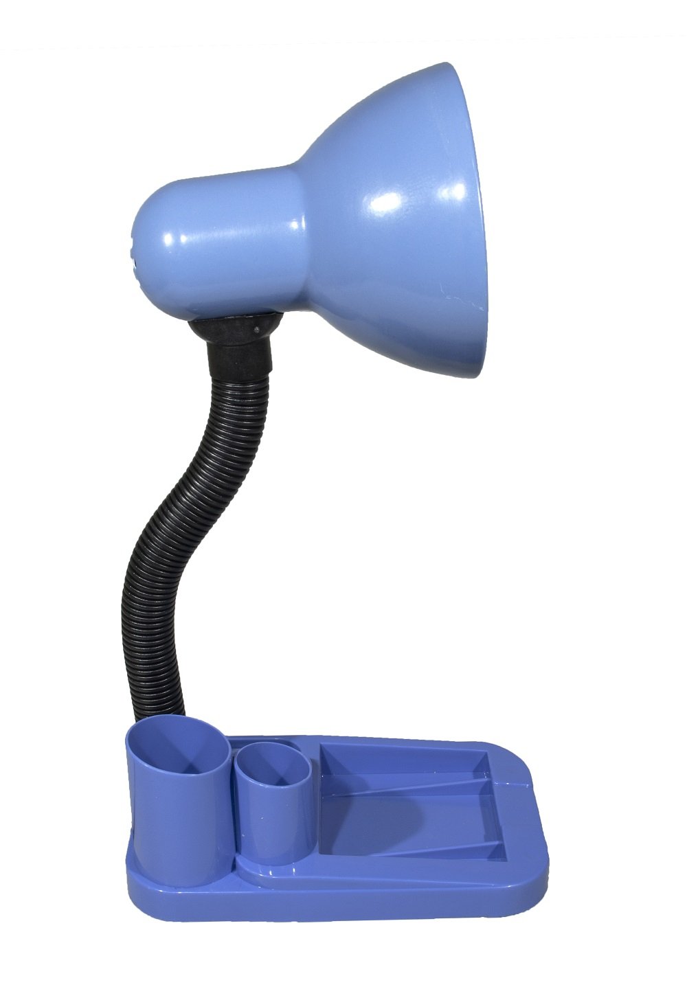 Lampa de birou albastra cu suport accesorii de birou , pentru becuri E27 Led si economice , cu brat reglabil
