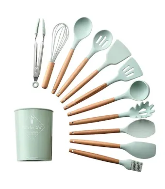 Set de 12 ustensile de bucatarie ENGROS, pentru gatit, din silicon termorezistent, maner din lemn, antiaderente