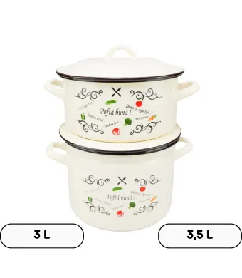 Set 2 vase emailate en-gross decor Pofta buna cu capace, cratiță​ 3 L si oală 3,5 L, 18 cm diametru