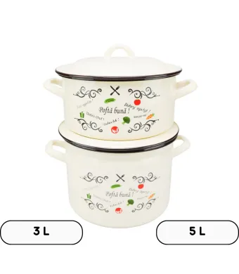 Set 2 vase emailate en-gross decor Pofta buna cu capace, cratiță​ 3 L si oală 5 L, 20 cm diametru