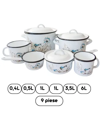 Set 9 vase emailate en-gross decor floral, 6 vase + 3 capace emailate