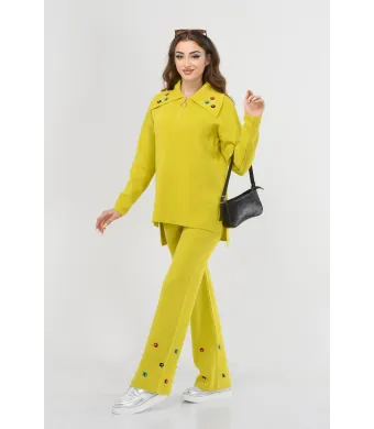 Compleu tricotat cu flori pe guler si pantaloni, en-gross