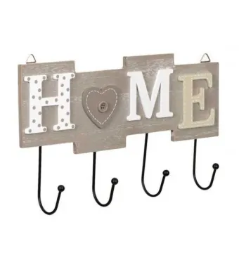 Cuier Mercaton din Lemn cu 4 Carlige Metalice, Model Home, 28 x 16.5 cm, Gri Engros