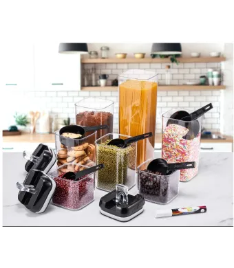 Set de 7 recipiente ENGROS pentru alimente, plastic, transparent,capac negru, ANGRO