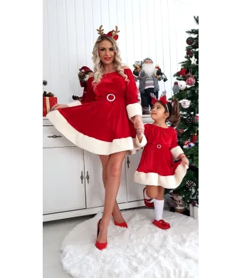 Set rochii elegante mama-fiica Engros din catifea, cu blanita si cordon in talie