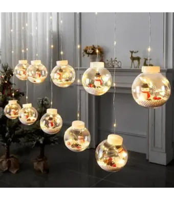 Instalatie Perdea cu Globuri, Om de Zapada, 10 decoratiuni, 3m, interconectabile, alb cald
