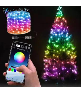 Instalatie De Craciun Smart RGB Wi-Fi, Pentru Brad, Fir de 10 Metri, Conectare Bluetooth, 100 Led, Aplicatie Mobil, Conectare USB