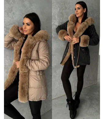 Geaca 2 fete Engros pentru femei, maro / negru cu blana artificiala si gluga
