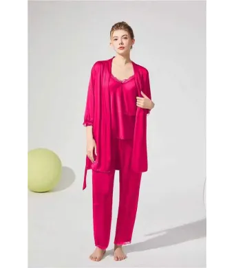 Pijamale Engros pentru femei, din satin, 3 piese, uni