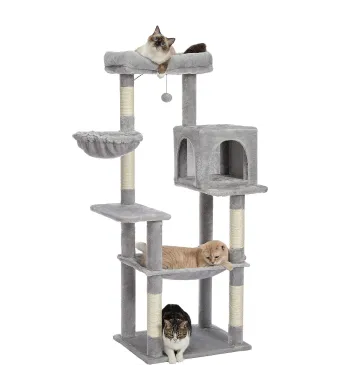 Ansamblu de joaca pentru pisici Engros , cu bila suspendata, stalpi din fibra rezistenta din sisal pentru zgariat, foarte stabil si structura atractiva, 2 platforme de observatie, 2 hamace si o casuta, inaltime de 143cm, Gri, Fish & Paws ®