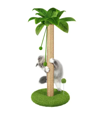 Ansamblu de joaca pentru pisici Engros, cu doua bile suspendate si o bila pe arc interactiva, confectionate din fibra rezistenta din sisal pentru zgariat, stabil si structura atractiva de palmier, inaltime de 84cm, Fish & Paws ®