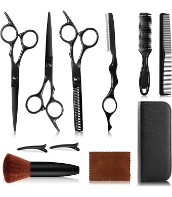 Foarfece profesionale de tuns si filat Engros, pentru frizerie, salon sau coafor, husa din piele, cu brici, pieptene, perie si agrafe incluse, otel inoxidabil japonez, 14 cm, Set de 11 piese, Negru, Regal Bliss ®