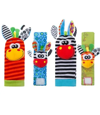 Set jucarii interactive pentru bebelusi Engros , sosete si bratari zornaitoare, fosnitoare, pentru dentitie, dezvoltarea abilitatilor motrice, coordonarii sau atentiei, model zebra, girafa, multicolor, din material textil - Pitikot®