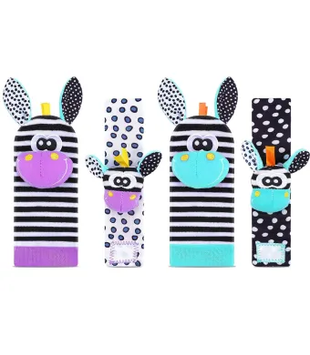 Set jucarii interactive pentru bebelusi Engros , sosete si bratari zornaitoare, fosnitoare, pentru dentitie, dezvoltarea abilitatilor motrice, coordonarii sau atentiei, model animalute, zebra, girafa, alb negru, din material textil, 0-24 luni - Pitikot®