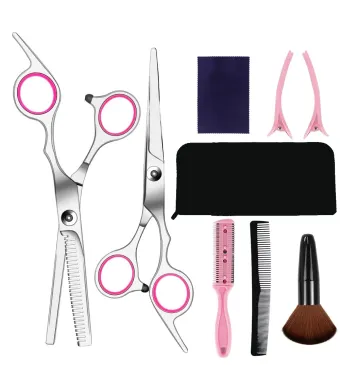 Foarfece profesionale de tuns si filat Engros, pentru frizerie, salon sau coafor, husa din piele, cu brici, pieptene, perie si agrafe incluse, otel inoxidabil japonez, 17.7 cm, Set de 9 piese, Argintiu si Roz, Regal Bliss ®