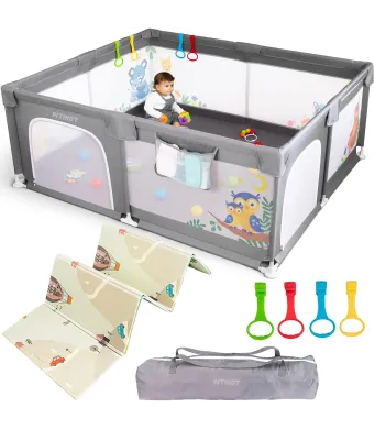 Tarc de Joaca Engros pentru Bebelusi si Copii + Salteluta Pliabila 180x150 cm, Spatiul Sigur de Joaca, Inele de Sustinere, Plasa de Protectie, Include Usa cu Fermoar, Geanta de Transport, Varsta 0-5 ani, Gri - Pitikot®