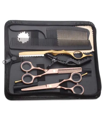 Foarfece profesionale de tuns si filat Engros, pentru frizerie, salon sau coafor, husa din piele, cu lama, pieptene si clema incluse, otel inoxidabil, 14 cm, Set de 8 piese, Negru cu Auriu, Regal Bliss ®