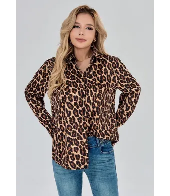 Camasa satin, imprimeu animal print, en-gross (Gri)