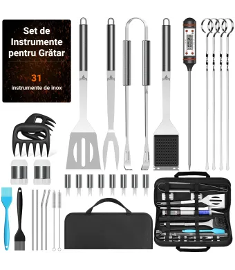Set de 31 de Accesorii Gratar,Engros cu Husa de Transport, din Otel Inoxidabil, Include Termometru, Pensule, Paie, Solnite, Frigarui, Clesti, Bukate®