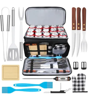Set de Accesorii Gratar,Engros cu Lada Frigorifica si Husa de Transport, din Otel Inoxidabil, Include Termometru, Pensule, Solnite, Tocator, Tirbuson, Clesti, 15pcs, Bukate®