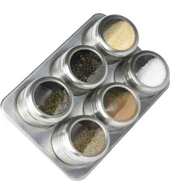 Set de 6 Recipiente Magnetice pentru Condimente, 100ml, cu Etichete si Suport Metalic incluse, Capac Transparent, Bukate®