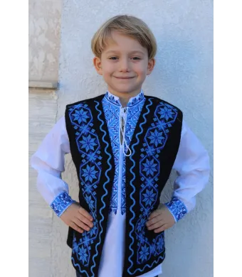 Vesta traditionala Matei material negru broderie albastra