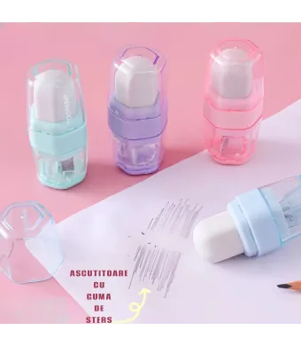 Ascutitori Colorate 16/set cu Guma de Sters 9cm Forma Hexagonala Engros
