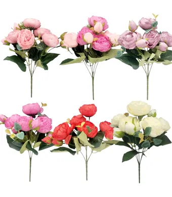 Flori artificiale Bujori 5 fire set engros 12/buchete culori mixte 30 cm lungime
