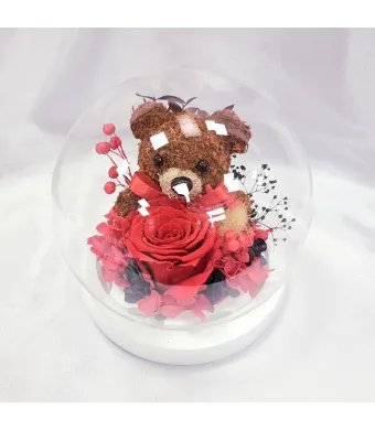 Decoratiune cu lumini aranjament flori Criogenate trandafir in cupola de sticla