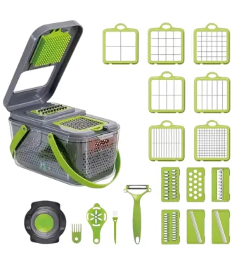Razatoare Multifunctionala 22 de Piese pentru Legume si Fructe cu Functie de Caserola, Lame din Otel Inoxidabil si Maner Protectie Verde Engros