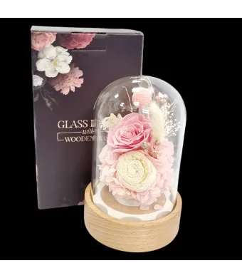 Decoratiune muzicala din lemn cu aranjament flori Criogenate trandafir in cupola de sticla